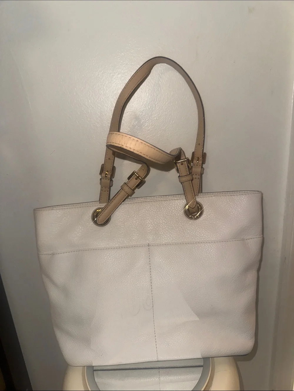 Michael Kors White Leather Tote with Tan Shoulder Straps